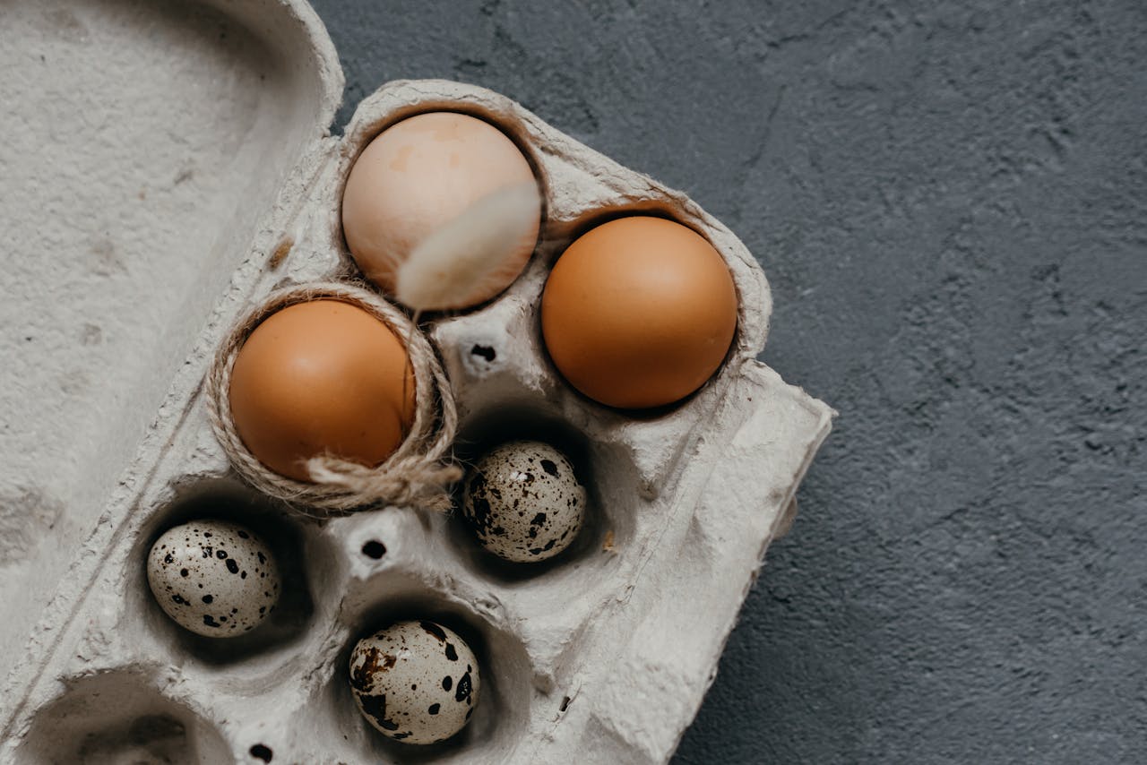 Kilka jajek kurzych i przepiórczych umieszczonych z opakowaniu