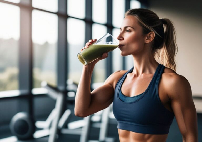 Młoda kobieta na siłowni pije sok z jarmużu