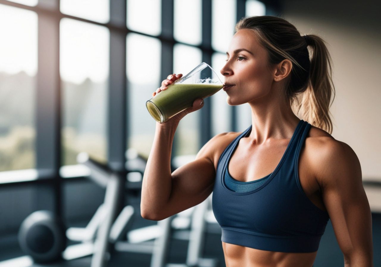 Młoda kobieta na siłowni pije sok z jarmużu