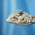 Łyżka z płatkami owsianymi zawierającymi dużą ilość błonnika pokarmowego